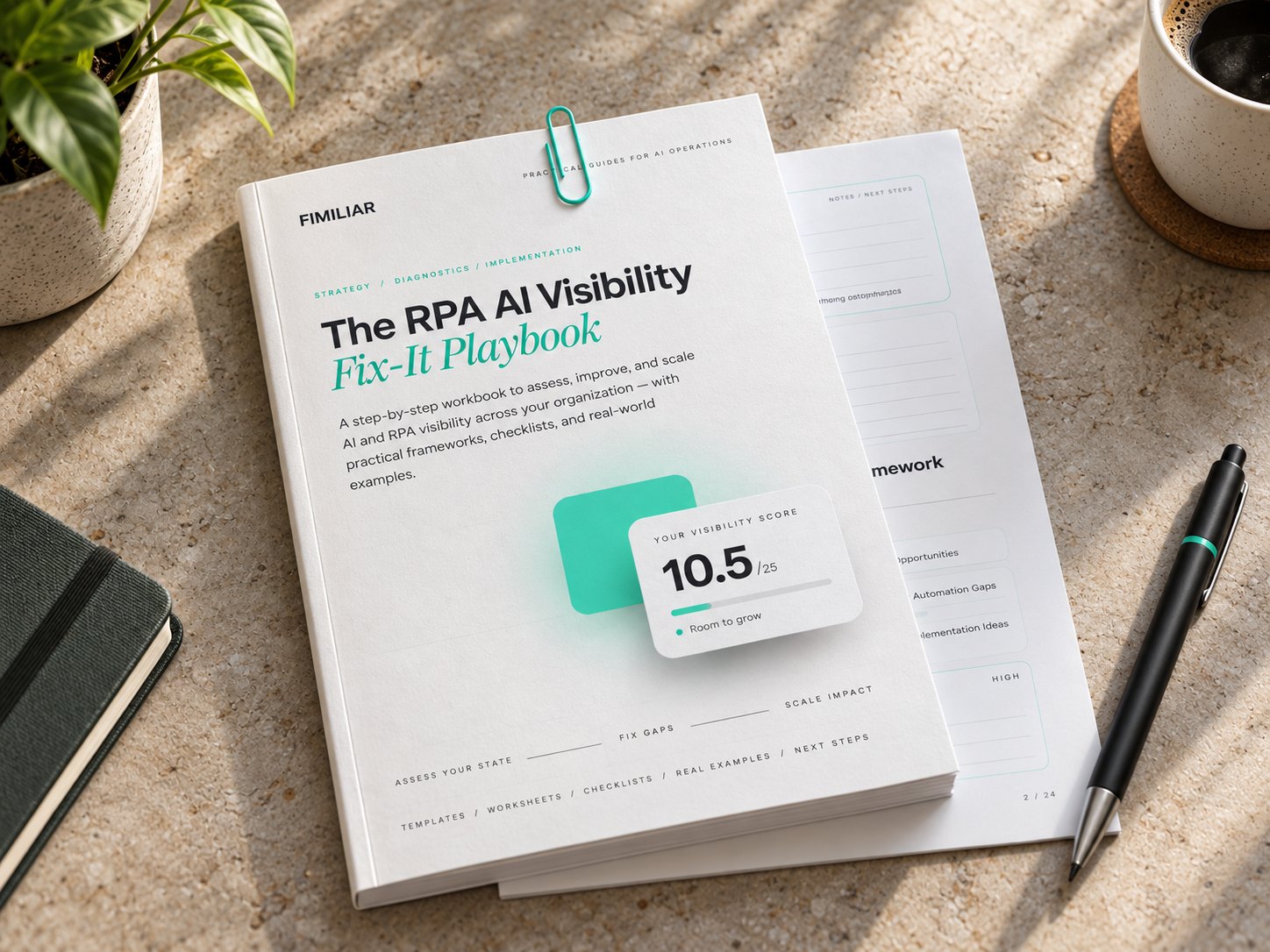 The RPA AI visibility workbook lying on a desk, next to a plant, a coffee cup and a pen